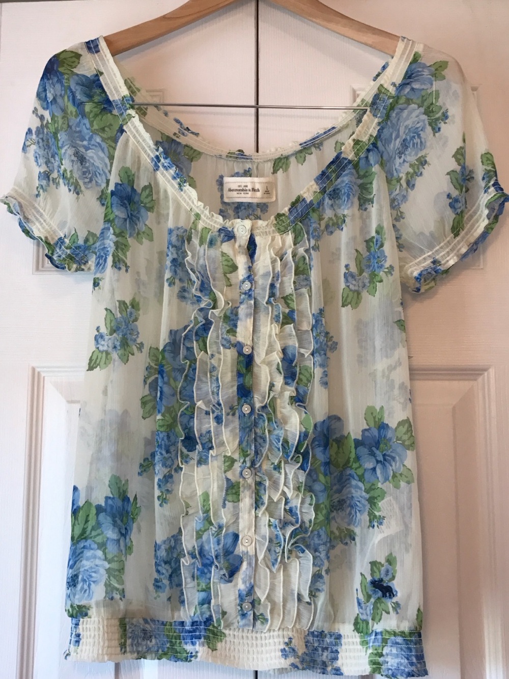 Abercrombie & Fitch Sheer Floral Ruffle Blouse in Blue and Green